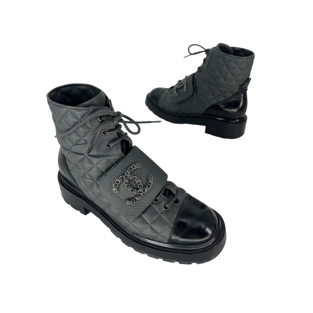 Chanel 2022 CC Chain Quilted Cap Toe Logo Combat Boots in Gray & Black Size 39.5